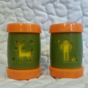 Vintage St.Labre Salt & Pepper Shakers Green Bright Orange Teepee Deer Man Monta